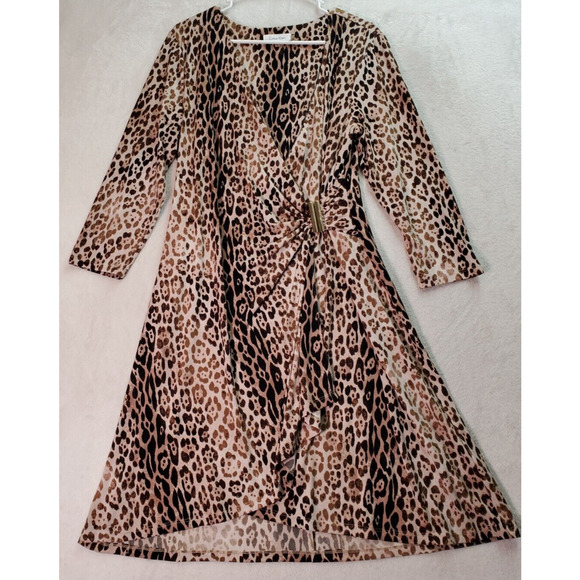 Calvin Klein Fit & Flare Dress Women Large Multi Animal Print Wrap V Neck Brotch - Picture 1 of 10